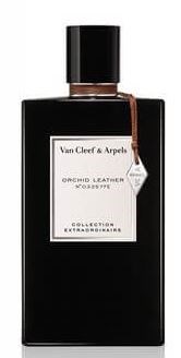 Eine schwarze Parfüfflasche mit weißem Etikett, Deckel und braunem Band. Das Etikett liest 'Vian Cleef & Arpels'.