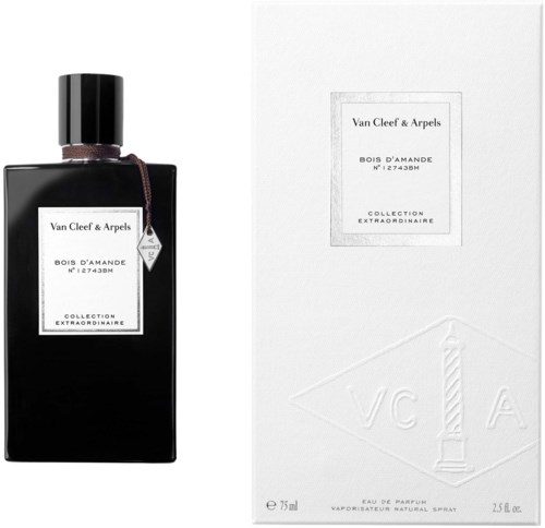 En svart parfyllfleske med hvit etikett og tilsvarende hvit eske, begge merket Van Cleef & Arpels.