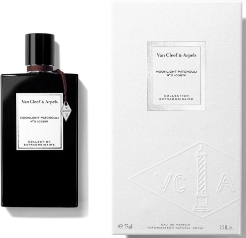 En svart parfymeflaske med hvit etikett og en hvit eske med lignende etikett for Van Cleef & Arpels.