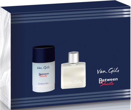 Ett presentset innehåller deodorantstift och parfym, båda med Van Gils-märke, i en blå box.