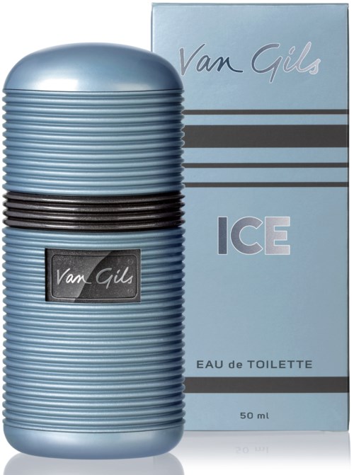 A silver, ribbed perfume bottle with a black label, and a matching blue box labeled "Van Gils ICE."