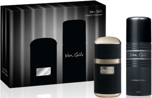 Van Gils Herren-Parfüm-Geschenkset mit Deodorantspray und Flasche in schwarzer Verpackung.