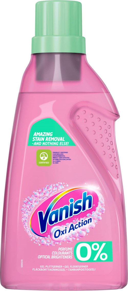 Pink plastic bottle with green cap, label says Vanish Oxi Action, mentions stain removal, 0% perfume or colourants.