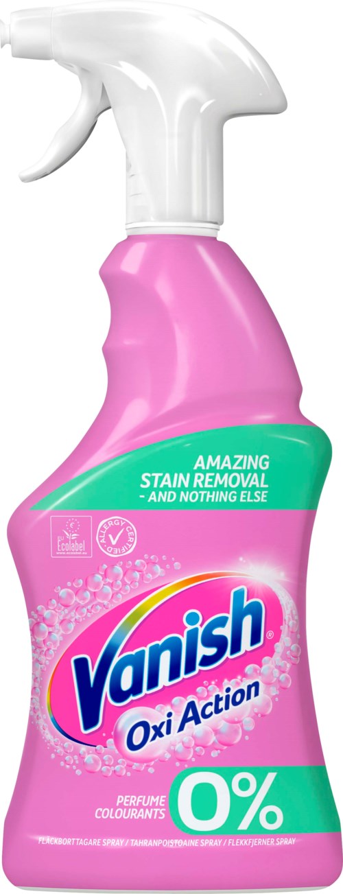 Pink spray bottle labeled for stain removal, contains a product called Vanish Oxi Action, with 0% perfume colors.