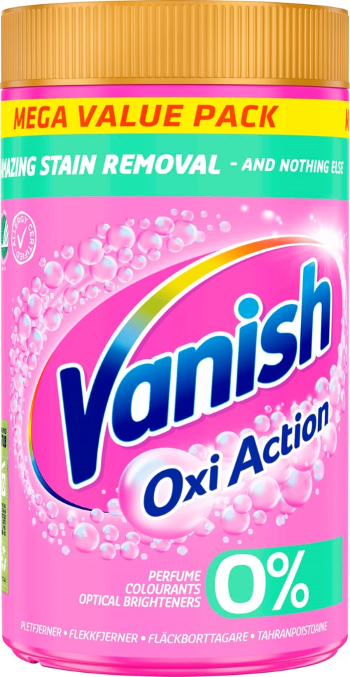 A pink container of Vanish Oxi Action with a yellow and pink lid, highlighting stain removal and brightening features.