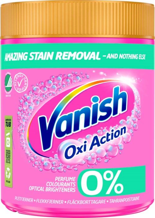 Rosa behållare med blå och vit etikett som visar 'Vanish Oxi Action' och '0%'. Framhäver fläckborttagning och att få ljusare.