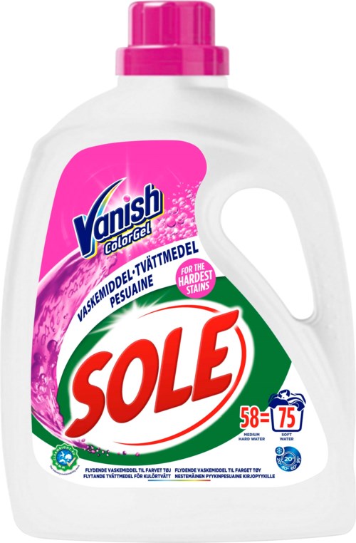 A white bottle with pink cap and label, featuring the red and green Sole logo, and text in various colors.
