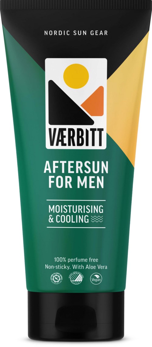 Grøn og sort tube med logo og tekst om fugtgivende og kølende, til mænds aftersun.