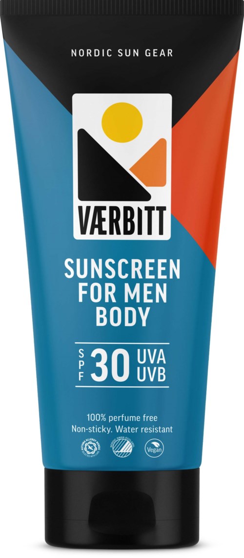 En solcreme til mænd med SPF 30, blå og orange farver, og en logo med en sol og bjerg.