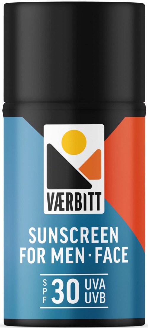 Svart og blå sprayboks med fargerik logo, merket for manns ansiktssolkrem med SPF 30 som beskytter mot UVA og UVB.