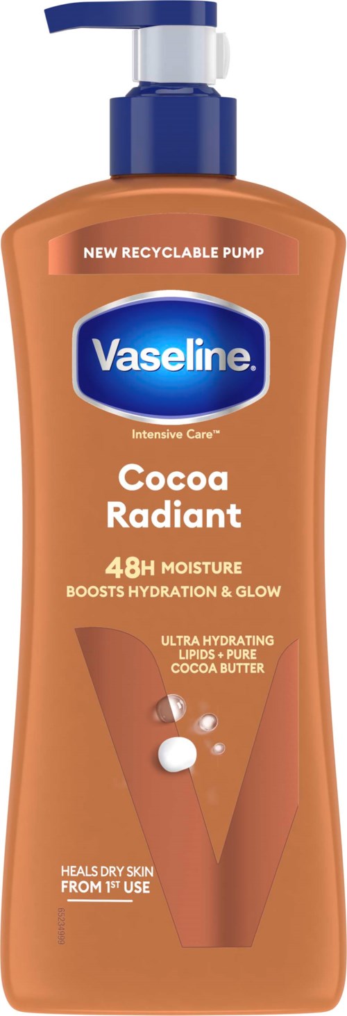 Vaseline Cocoa Radiant lotion i pumpeflaske, merket for 48 timers fuktighet og hudhelbred med kakaosmør.