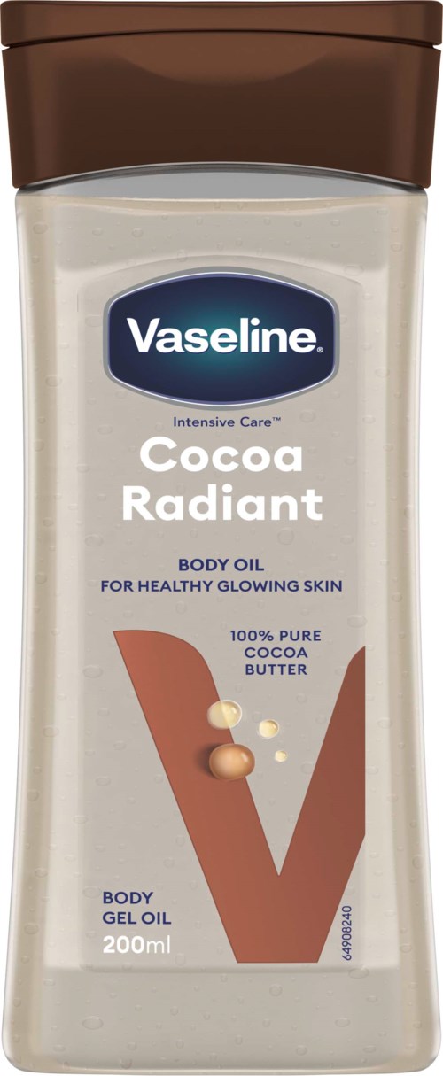 Vaseline Cocoa Radiant kroppsoljedunk med brunlokk og etikett med stor V og kakaobutterikoner.