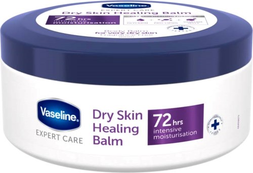 A round container of Vaseline Dry Skin Healing Balm, purple and white colors, claims 72 hours of moisture.