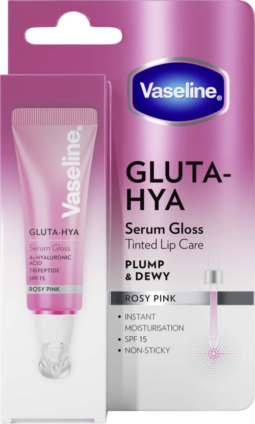 Vaseline Gluta-Hya serum gloss for lepper i rosa, med SPF 15, i rosa tube og eske.