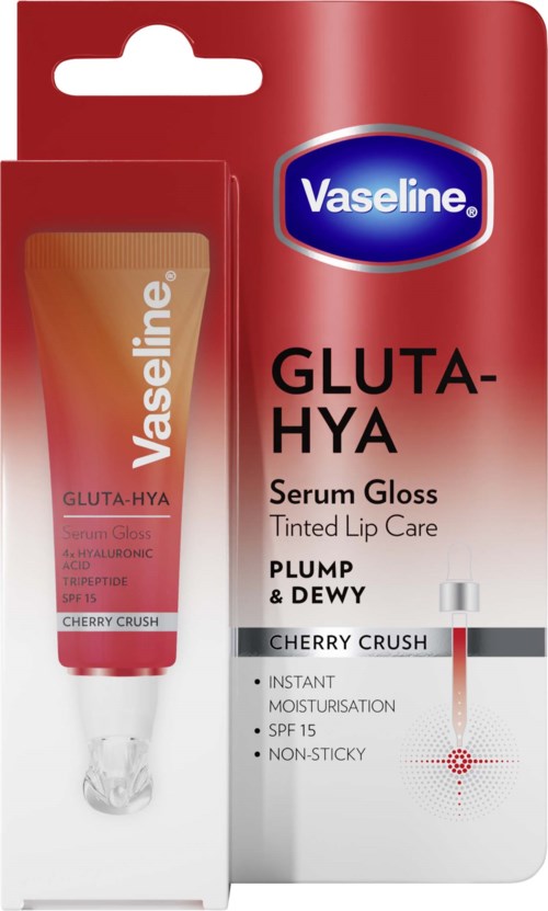 Vaseline Gluta-Hya farget leppepleie med kirsebærkross smak, i rødt og hvitt emballasje.