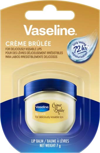 Vaseline Lippenbalsam in einem Glas auf Verpackung, für weiche, küssbare Lippen, hält 72 Stunden, wiegt 7 Gramm.