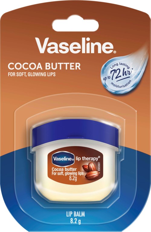 Vaseline Kakaosmør leppepomade i liten glass med blå lokk, del av Vaseline's leppepleie for myke, glansfulle lepper.