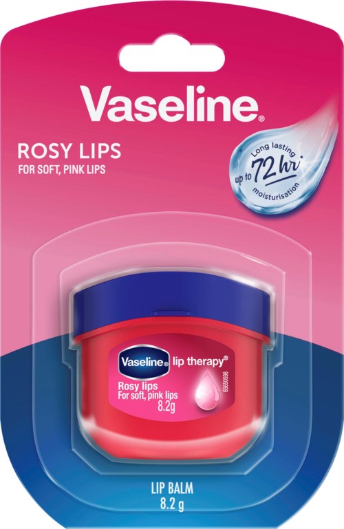 Vaseline leppebomull i liten rosa og blå beholder for myke, rosa lepper.