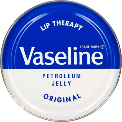 En rund beholderlokk med blå og hvite farger, viser Vaseline-logo og produktnavn for leppekos.