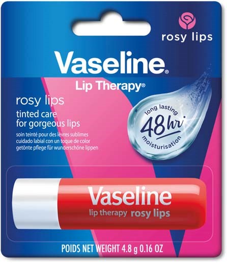 A Vaseline lip balm package with blue and pink colors, showing the product and claiming 48 hours moisture.