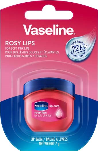 Vaseline Lippenbalsam für weiche, rosa Lippen, in kleiner Dose, Verpackung zeigt 72 Stunden Halt.