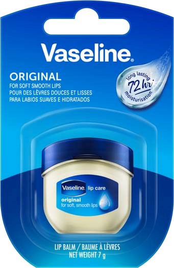 Vaseline läppglans i liten burk, i blå och vit förpackning, påstår att den håller i 72 timmar.