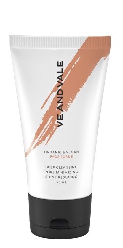En tub med ansiktsskrubb märkt 'Organic & Vegan' med ett beige streck, svart lock och 75 ml volym.