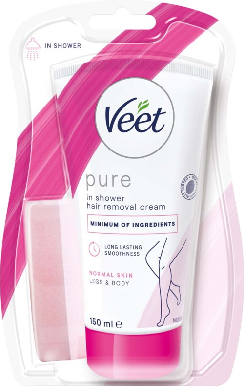 Ett Veet-håravfallsmedel i förpackning för duschen, för normalt hud, i en rosa och vit tub.