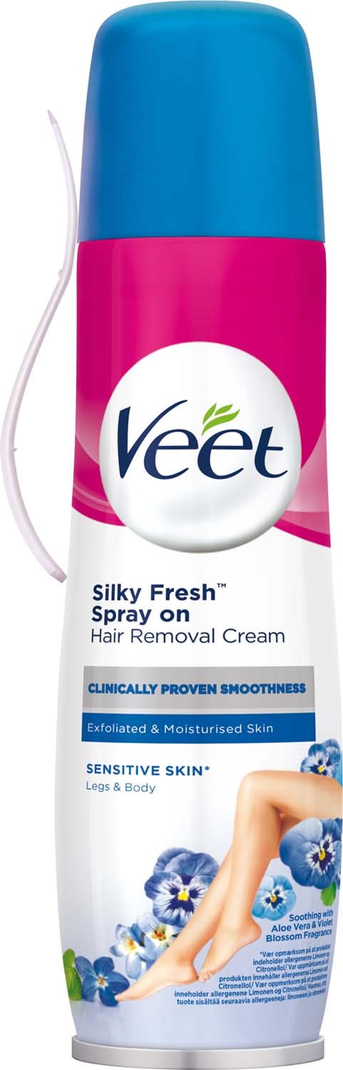 Haarentfernungs-Spray für empfindliche Haut in einer hohen rosa-blauen Dose mit blauen Blumen.