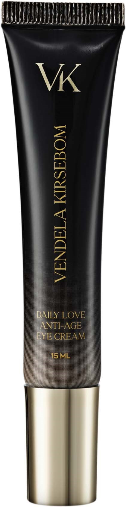 Czarna i złota tubka z napisem VK Vendela A Kiskebom Daily Love Anti-Age Eye Cream, 15 ml.