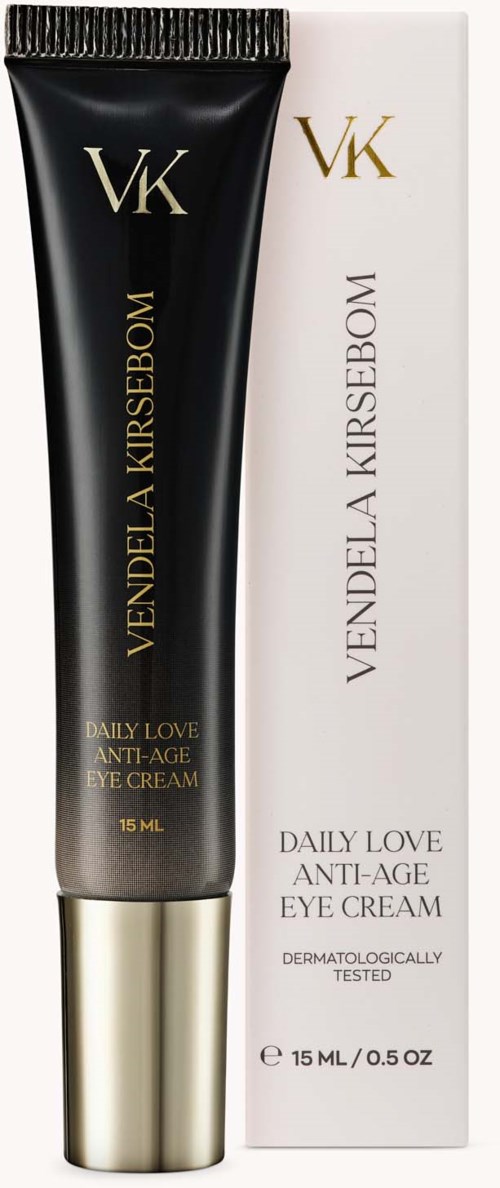 Czarna i złota tubka kremu pod oczy obok białego opakowania, oba oznaczone daily love anti-age eye cream.