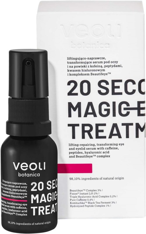 Eine schwarze Sprühflasche vor einer weißen Box mit Produktinformationen für die Augenpflege. Das Etikett sagt '20 SEC MAGIC E TREAT'.