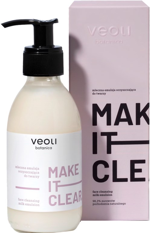 En ansiktsrens i pumpflaske og rosa eske merket 'MAKE IT CLEAR'.