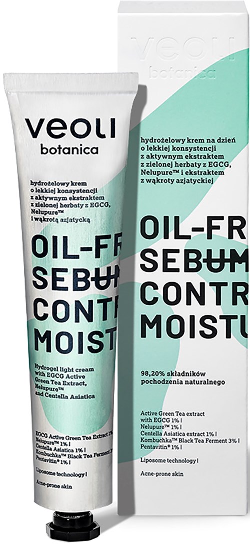 A tube of skincare cream in front of its box, labeled 'Veoli Botanica Oil-Free Sebum Control Moisturizer,' with product details.