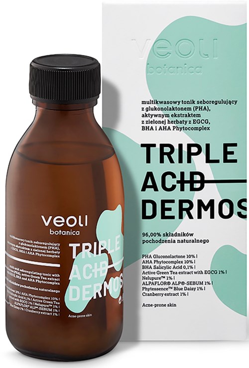 A brown bottle of skincare product with a black cap, next to a light blue and white box with bold text.