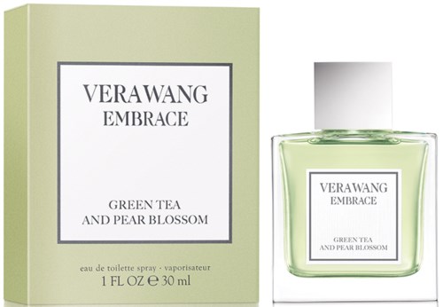 En parfyme flaske og eske av Verawang Embrace Green Tea and Pear Blossom duft med lys grønn væske.