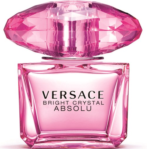 En rosa parfymflaska med ett stort, fasetterat kristalllock och elegant glas kropp märkt Versace Bright Crystal Absolu.