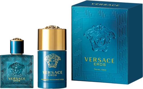 A blue and gold Versace Eros perfume set with a bottle, a spray, and a box featuring the Medusa logo.