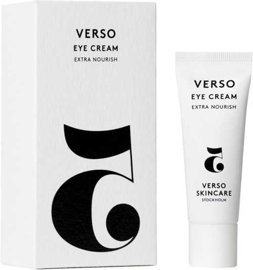 Eine weiße Schachtel und Tube mit Verso-Augencreme mit schwarzem Text und Logo für Hautpflegeprodukte.