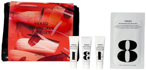 Zestaw prezentowy Verso Essentials z produktami do skóry w czerwonym i czarnym pudełku oraz białym opakowaniu.