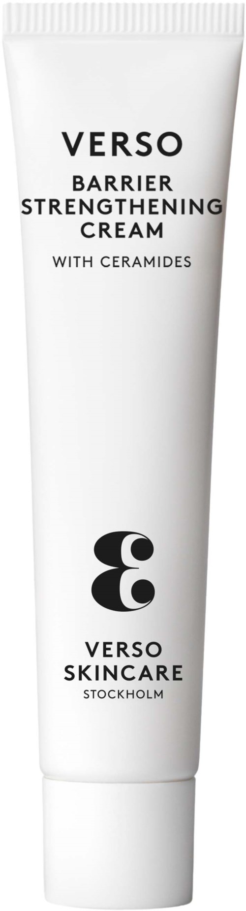 En vit tub av Verso Barrier Strengthening Cream med svart text och logo, märkt att den innehåller ceramider.
