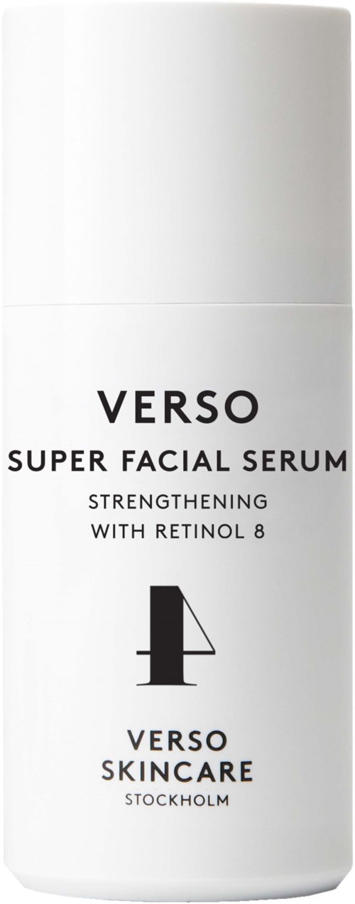 En vit flaska märkt 'Verso Super Facial Serum' med svart text, förstärkningsprodukt med Retinol 8.