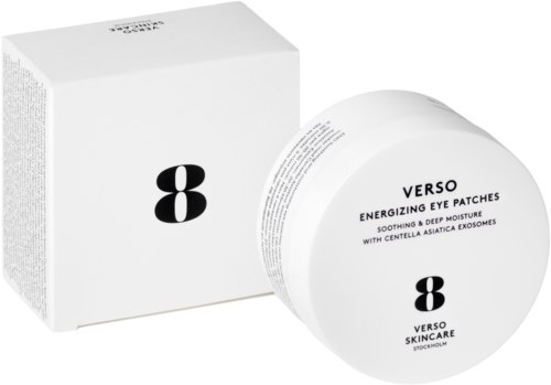 Box und Dose mit Verso Energizing Eye Patches für Beruhigung und tiefe Feuchtigkeit. Enthält Centella Asiatica-Extrakten.