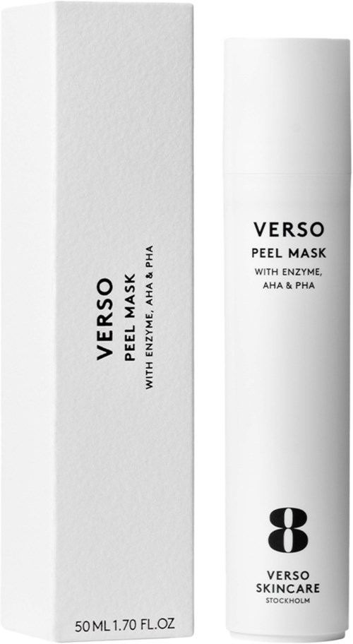 En vit ask och tub med Verso-peelmaskin med svart text och en stor svart siffra 8.