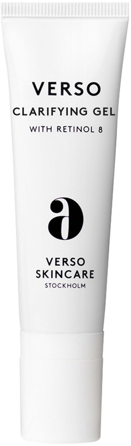 En vit tub med hudvårdsgel med svart text, kallad Verso Clarifying Gel, med Retinol 8.