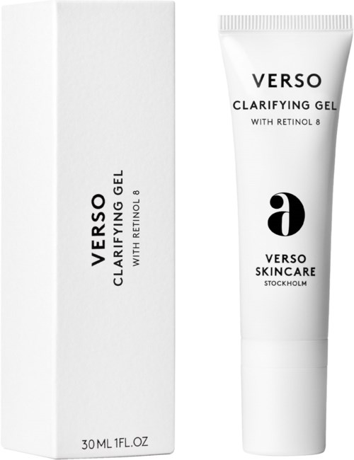 Ett rör och en förpackning av Verso Clarifying Gel för huden med retinol 8.