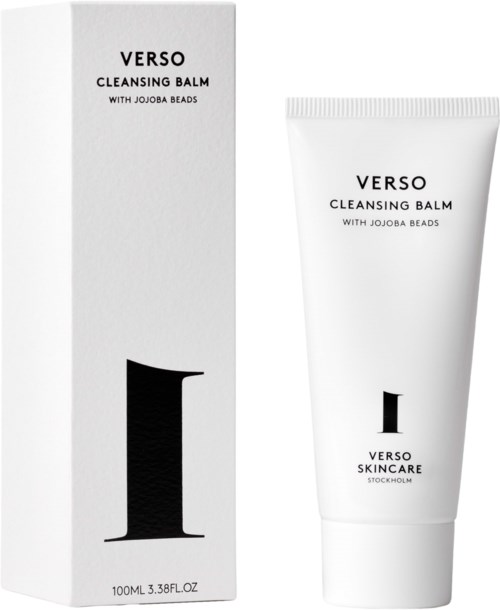 Eine weiße Schachtel und Tube mit Verso Cleansing Balm mit Jojoba Beads, gekennzeichnet mit schwarzen Text. Die Schachtel und Tube haben eine große schwarze Zahl '1'.