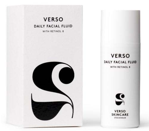 Valkoinen laatikko ja pullo Verso päivittäinen kasvovettä retinol 8, jossa on tyylitelty mustavalkoinen logo.