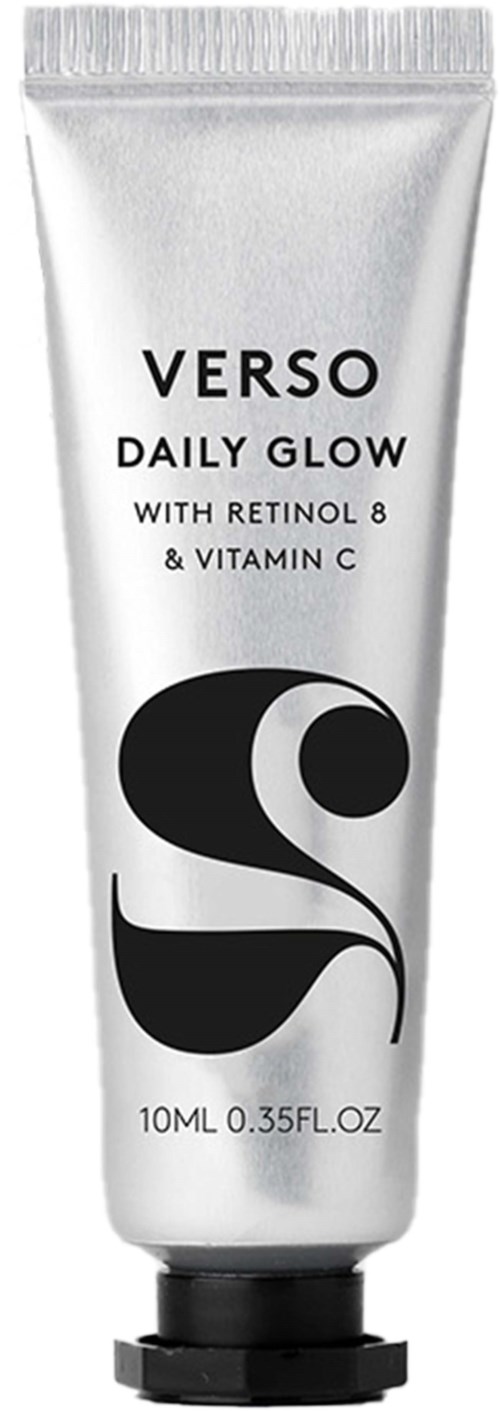 Hopea värinen putki, jossa lukee 'Verso Daily Glow retinol 8 ja C-vitamiini' ja logo.