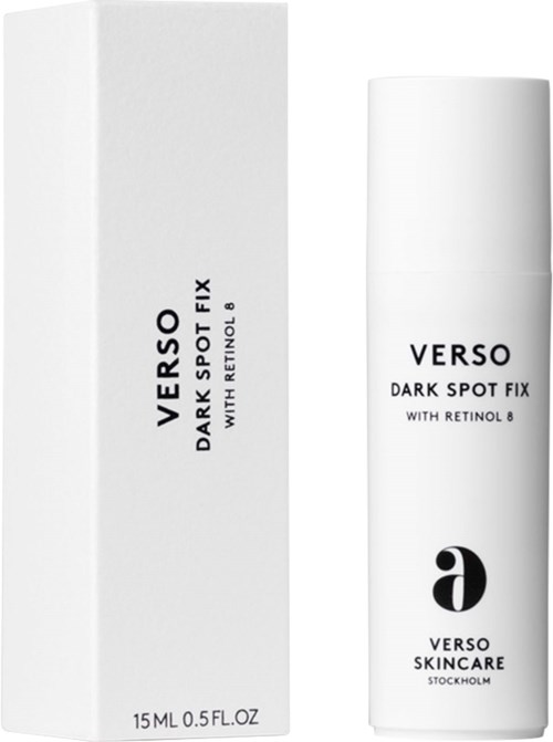 En vit box och flaska av Verso Dark Spot Fix med Retinol 0 och en logotyp med text för Verso Skincare.